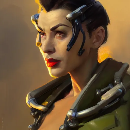 Prompt: greg manchess close - up portrait painting of a beautiful older female dieselpunk orc with olive green skin as an overwatch character, medium shot, asymmetrical, profile picture, organic painting, sunny day, matte painting, bold shapes, hard edges, street art, trending on artstation, by huang guangjian and gil elvgren and sachin teng