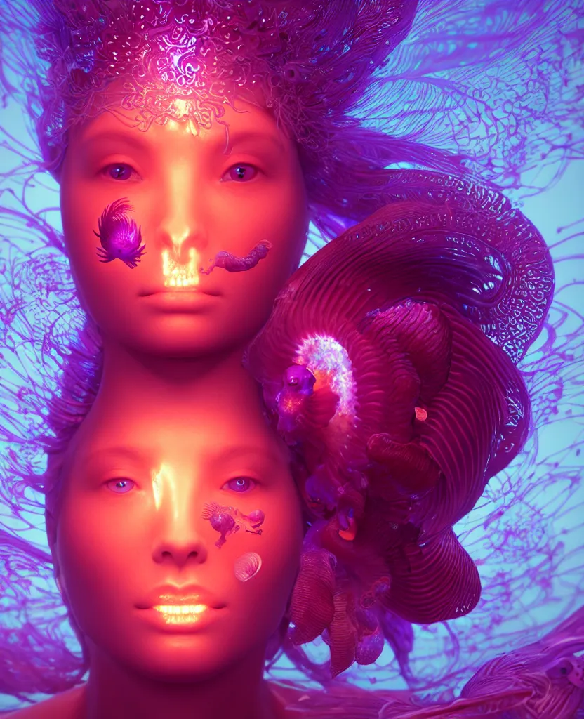 Image similar to goddess close-up portrait. orchid jellyfish phoenix head, nautilus, skull, betta fish, bioluminiscent creatures, intricate artwork by Tooth Wu and wlop and beeple. octane render, trending on artstation, greg rutkowski very coherent symmetrical artwork. cinematic, hyper realism, high detail, octane render, 8k