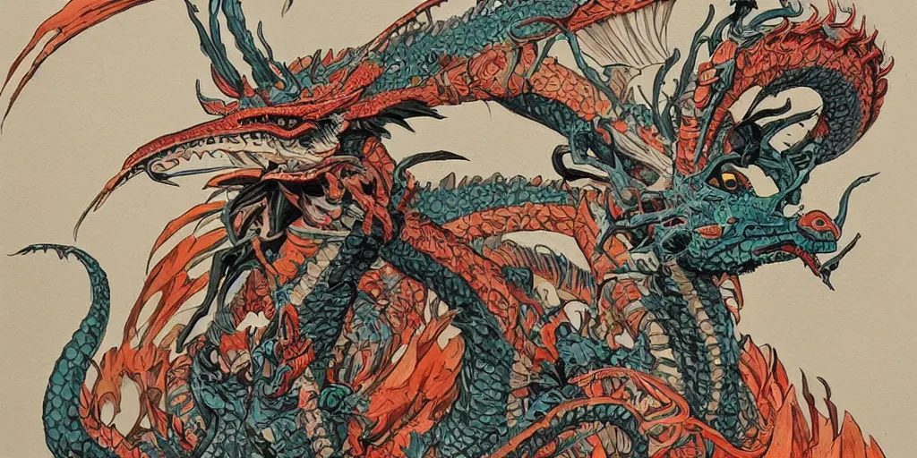 Image similar to a creepy fine - line gouache painting of a aztec dragon by kim jung gi in the style of art - nouveau art, trending on art station