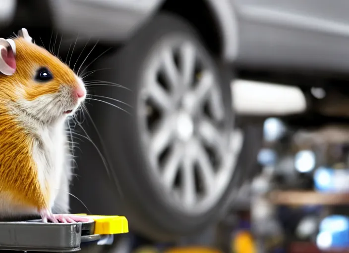 Image similar to film still of a hamster working as a mechanic in an auto shop, 8 k