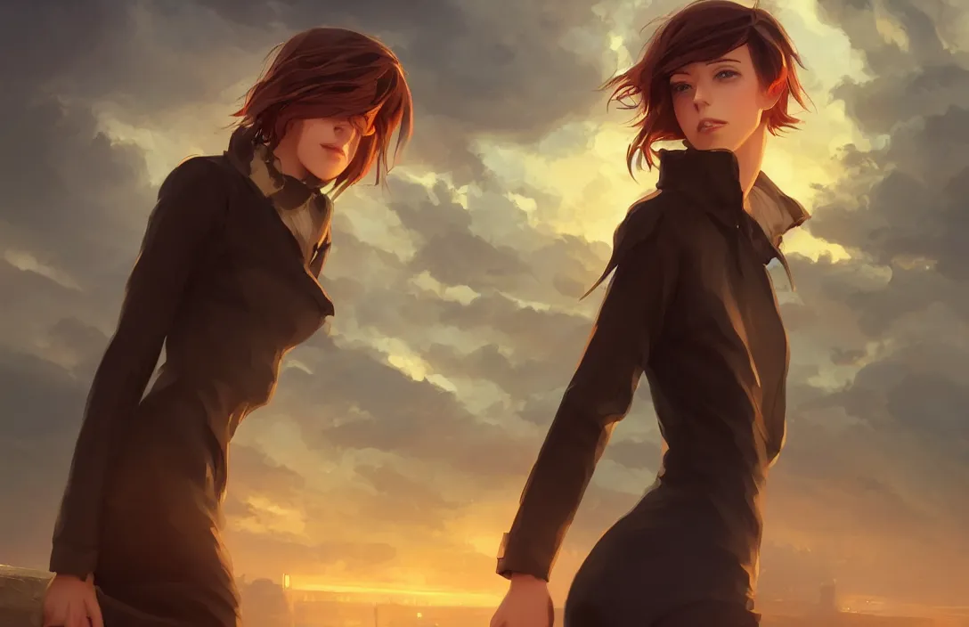 Image similar to a beautiful british woman with short brown hair, serious, somber amber eyes, standing on a bridge, storm in the distance, basic clothing, digital art by makoto shinkai ilya kuvshinov and wojtek fus, digital art, concept art,