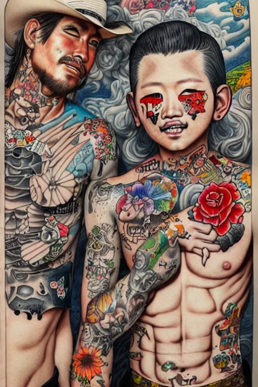 Image similar to full view, from a distance, of cowboys with tattoos, style of yoshii chie and hikari shimoda, highly detailed