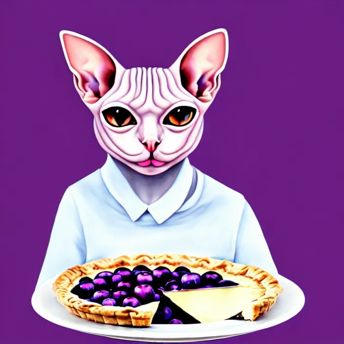 Image similar to an anthropomorphic sphynx cat fursona with big eyes eating a slice of blueberry pie, furry art, cute, oil on canvas, soft lighting