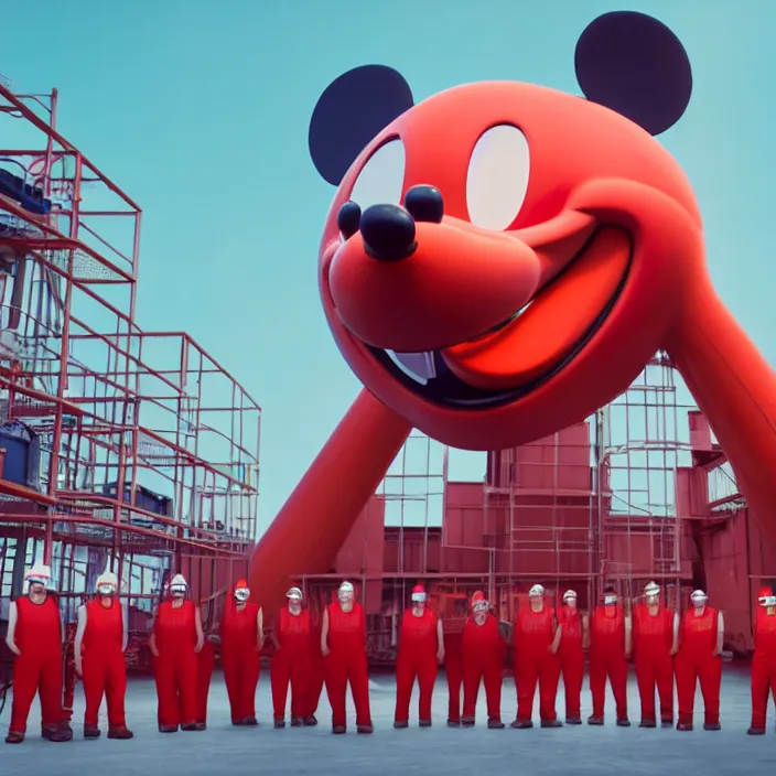 Image similar to crew of workers in red overalls building giant mickey mouse head in warehouse, octane render, 4 k ultra hd, hyper - detailed, realistic, low lighting, sharp focus, in style of beeple