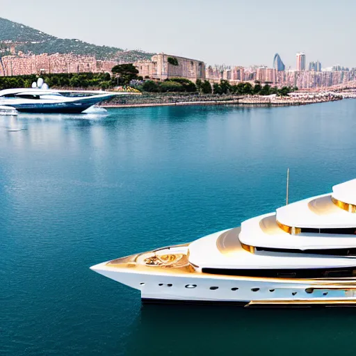 Prompt: old man polishing a gold plated mega yacht, docked at harbor, clear and focused, elegant, photograph