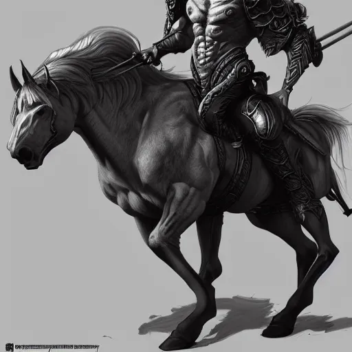 Prompt: Epic masterpiece of a horse-man hybrid, dnd character design concept art, by Sergey Samarskiy, hyper detailed, uncropped.