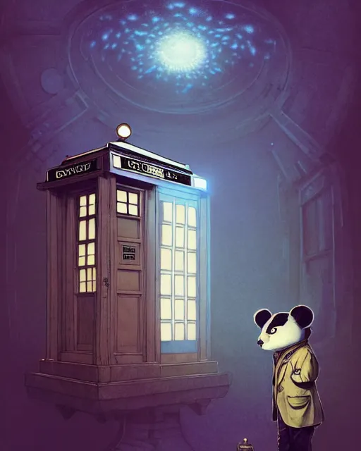 Image similar to anthropomorphic art of a detective panda inside tardis, victorian inspired clothing by artgerm, victo ngai, ryohei hase, artstation. fractal papersand books. highly detailed digital painting, smooth, global illumination, fantasy art by greg rutkowsky, karl spitzweg, doctor who