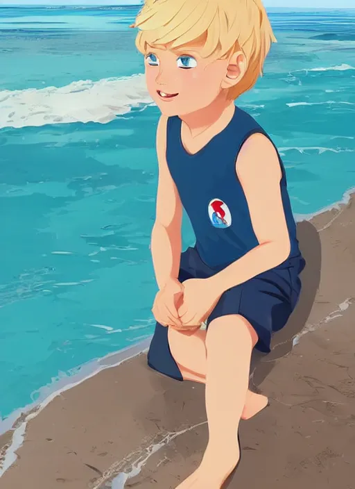 Image similar to a little boy with tousled blonde hair and blue eyes sitting on the beach. clean cel shaded vector art. shutterstock. behance hd by lois van baarle, artgerm, helen huang, by makoto shinkai and ilya kuvshinov, rossdraws, illustration, art by ilya kuvshinov