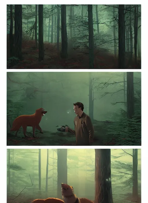 Prompt: Portrait of Michael Shannon discovering a Furry in the woods, poster artwork by Michael Whelan, Bob Larkin and Tomer Hanuka, from scene from Twin Peaks, simple illustration, domestic, nostalgic, from scene from Twin Peaks, clean, full of details, by Makoto Shinkai and thomas kinkade, Matte painting, trending on artstation and unreal engine