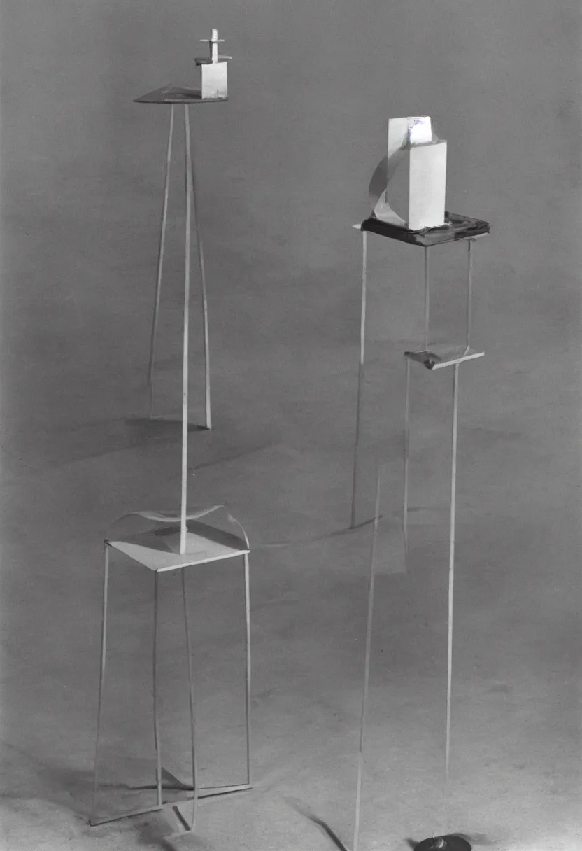 Prompt: minimal machine by Marcel Duchamp, simple readymade object on a pedestal, empty room, archive photography