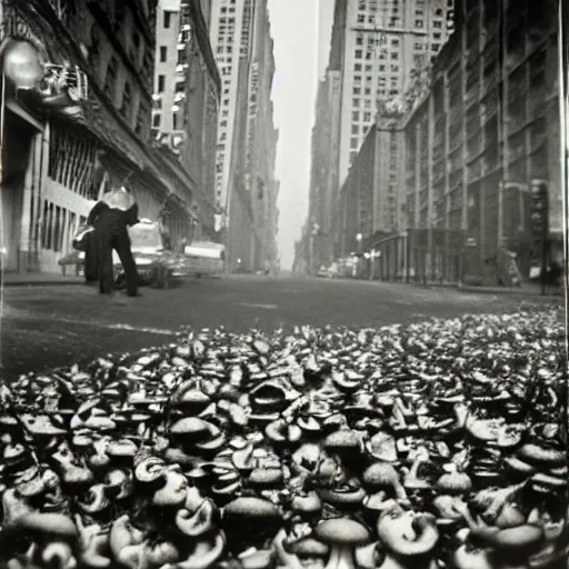 Image similar to nyc overtaken by mushrooms, photograph by weegee,