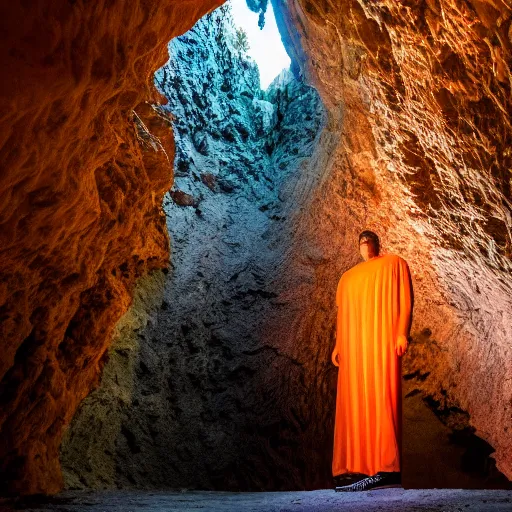 Image similar to photo of a giant orange colored glowing transparent humanoid of one thousand feet of height standing next to a building inside a cave