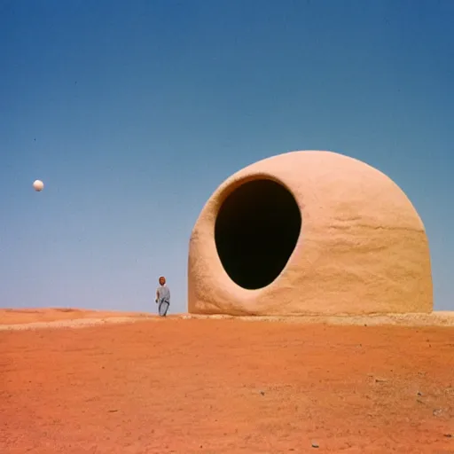 Image similar to a man standing outside a Non-Euclidean orb-like clay house sitting in the desert, vintage photo, beautiful cinematography, blue sky, film grain, James Turrell