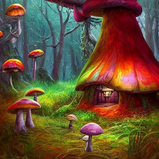 Image similar to Surreal hut in a fantasy forest, colorful mushrooms, artstation, award-winning!!!