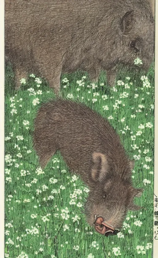 Prompt: by akio watanabe, manga art, a single boar eating in a field of clovers, trading card front