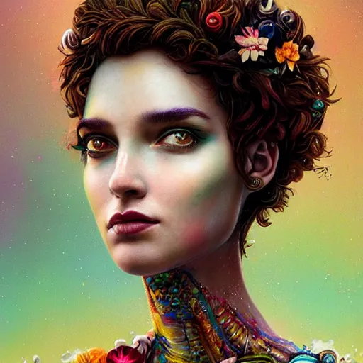 Image similar to Lofi biopunk portrait beautiful woman with short brown curly hair, roman face, unicorn, rainbow, floral, Pixar style, Tristan Eaton, Stanley Artgerm, Tom Bagshaw