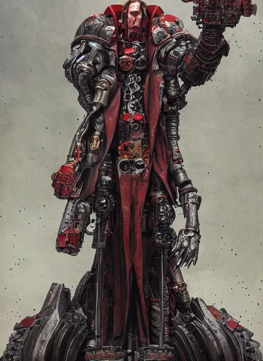 Image similar to portrait of rotten Nicolas Cage as adeptus mechanicus in red hood and robe from Warhammer 40000. Highly detailed, artstation, illustration by and John Blanche and zdislav beksinski and wayne barlowe