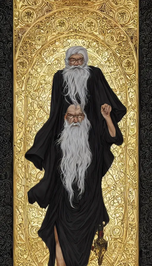 Prompt: one old man with white beard wore a black cloak, a black cloak and a white beard, highly detailed, very intricate, art nouveau, gold filigree, left right symmetry, tarot concept art watercolor illustration by mandy jurgens and alphonse mucha and alena aenami, featured on artstation