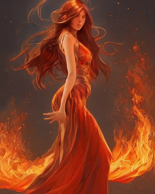 Image similar to beautiful long haired girl, fire dress, full body photo, flames everywhere, highly detailed, digital painting, artstation, concept art, smooth, sharp focus, illustration, art by artgerm and greg rutkowski and alphonse mucha