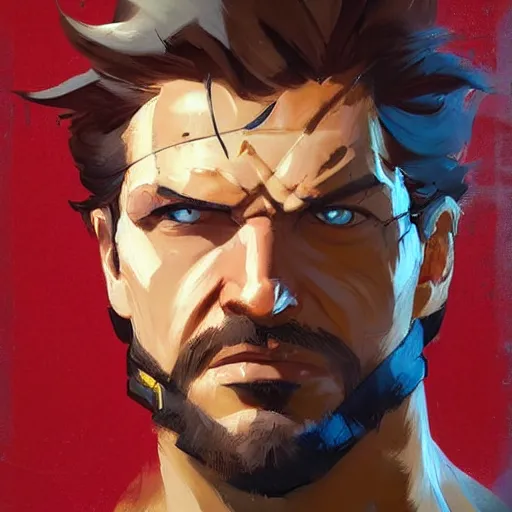Prompt: greg manchess portrait painting of solid snake as overwatch character, medium shot, asymmetrical, profile picture, organic painting, sunny day, matte painting, bold shapes, hard edges, street art, trending on artstation, by huang guangjian and gil elvgren and sachin teng