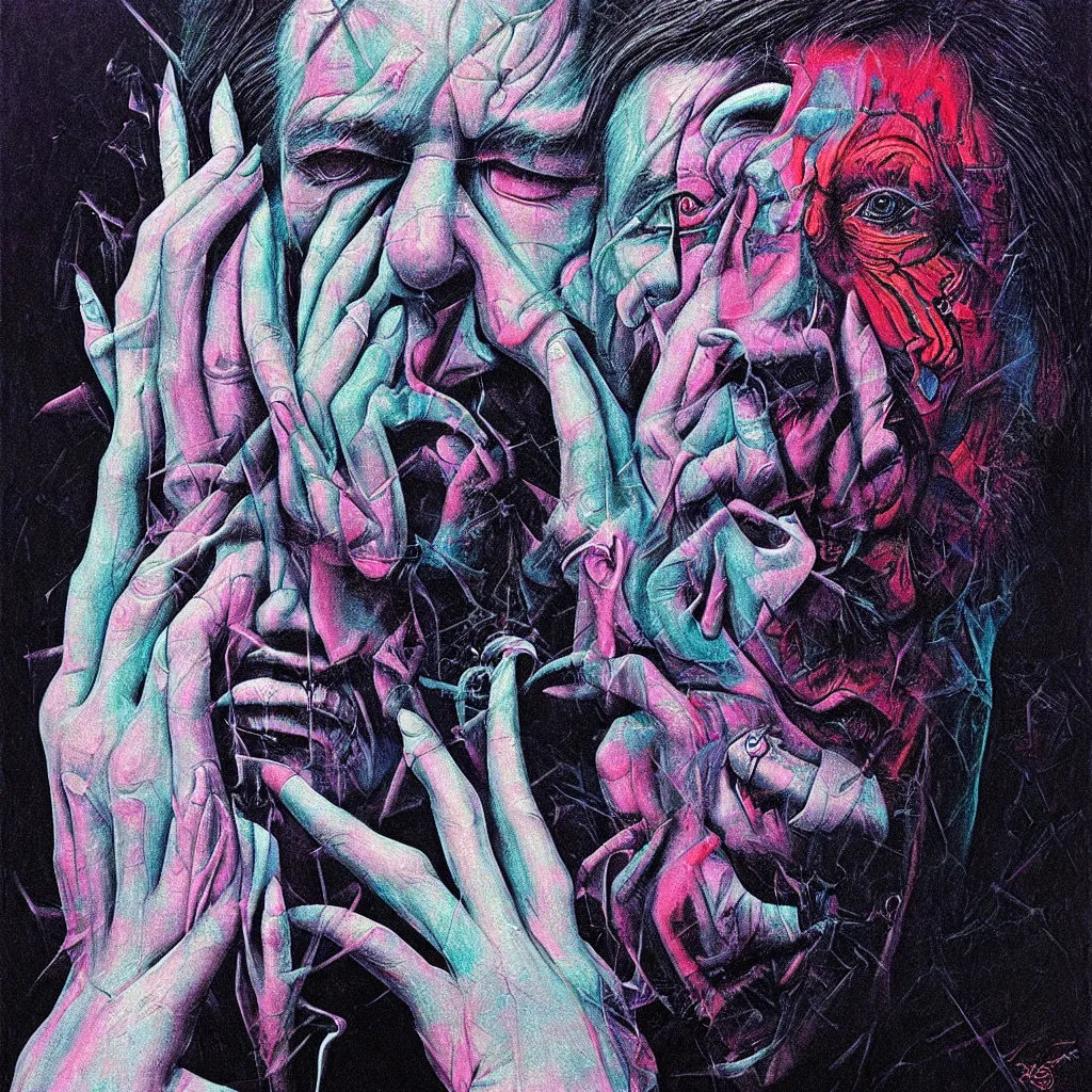 Image similar to psychedelic portrait of bill hicks smoking in the style of hans giger, alex grey, lynchian atmosphere, film noir, concept art, art by kuvshinov ilya and zdislav beksinski and wayne barlowe, vivid colors