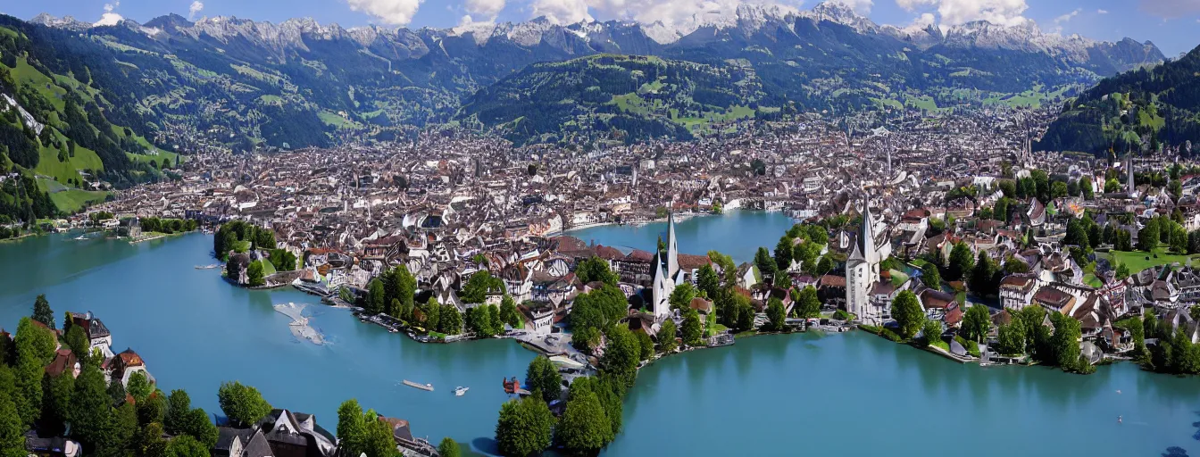 Prompt: Photo of Zurich, in the Alps, Limmat at the lake, Hardturm, Grossmünster, wide angle, volumetric light, hyperdetailed, light blue water, artstation, cgsociety, 8k
