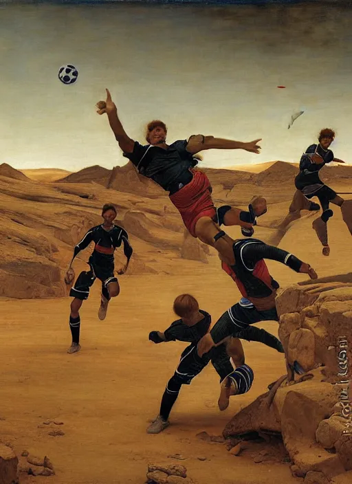 Image similar to a soccer match on mars by edgar maxence and caravaggio and michael whelan and delacroix style, artistic, intricate painting, cinematic lighting, hyper realistic, extremely detailed, establishing shot, 8 k resolution, dramatic lighting