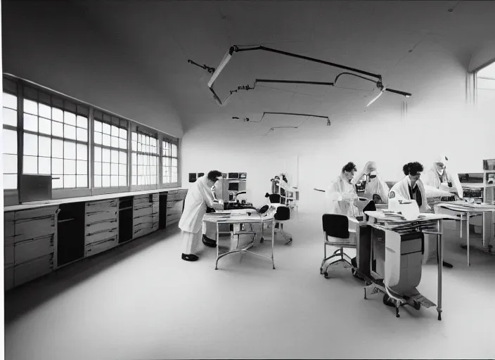 Prompt: realistic photo of the old science laboratory, wooden walls brass panels, brass equipment and computers, people wearing white hairy fluffy cotton suits, dark sky in a window. 1 9 9 0, life magazine reportage photo