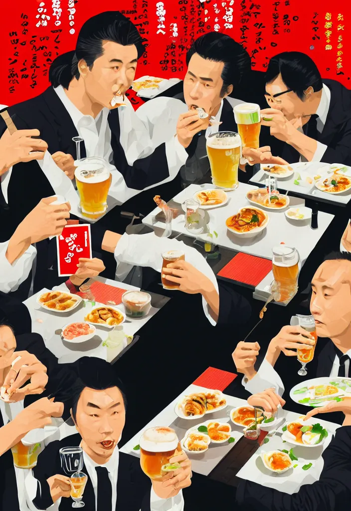 Prompt: businessmen eating gyoza and drinking beer at a nighttime izakaya in shinbashi tokyo, japan, a collage painting, in the style of wes anderson, lola dupre, david hockney, isolated on negative white space background dark monochrome fluorescent neon spraypaint accents volumetric octane render