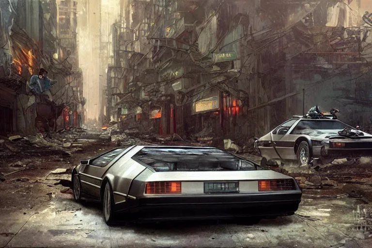 Image similar to photograph of the delorean driving down the streets of a cyberpunk abandoned city, by greg rutkowski, by stanley artgerm, by alphonse mucha