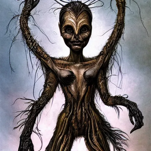 Image similar to detailed illustration of attractive humanoid alien species with beautiful human female face, female human torso, dark fae, black feathers instead of hair, feathers growing out of skin, wings growing out of arms, transformation, brian froud, tim burton, guillermo del toro