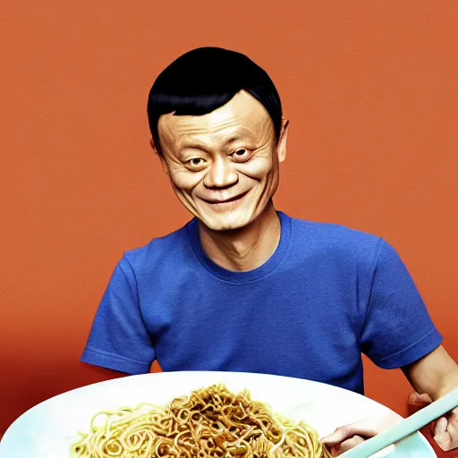 Image similar to a photorealistc digital art of jack ma eating noodles, award winning photography, trending on artstation