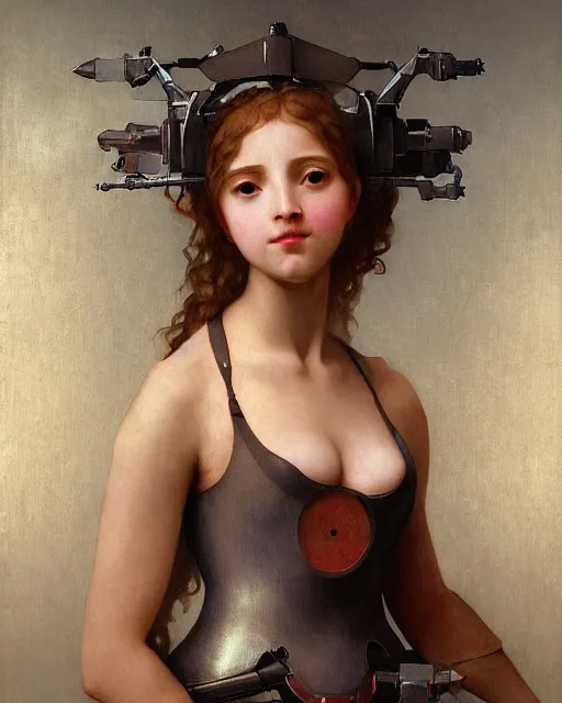 Prompt: beautiful centered fine art portrait of girl with solarpunk mecha humanoid parts with led lights, pudica pose gesture, by bouguereau, ultra - realistic and intricate, hdr 8 k