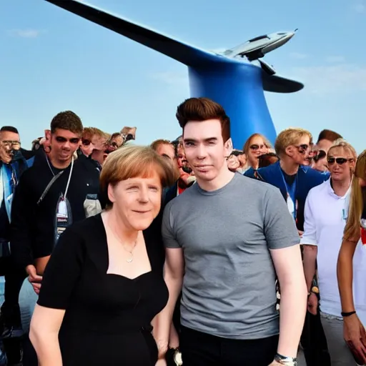 Image similar to hardwell taking a photo with angela merkel at airbeat one