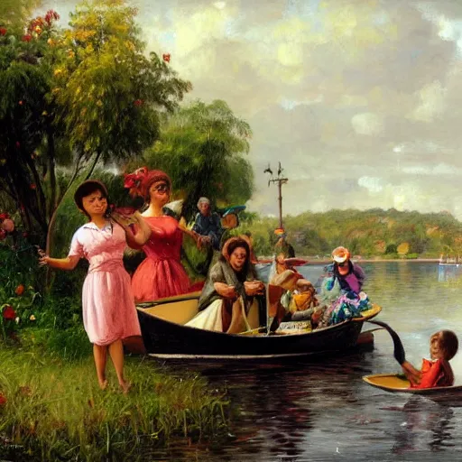 Image similar to The street art depicts a group of well-dressed women and children enjoying a leisurely boat ride on a calm day. The women are chatting and laughing while the children play with a toy boat in the foreground. figurativism by Daniel Ridgway Knights, by John Hejduk mournful