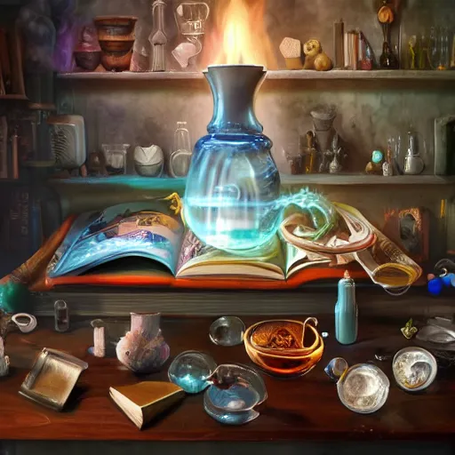 Image similar to hyper real, table, wizards laboratory, lisa parker, tony sart, mortar, pestle, scales with magic powder, energy flowing, magic book, beakers of colored liquid