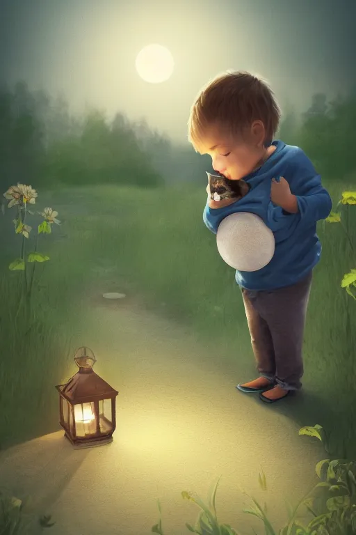 Prompt: a little boy carrying and his cat sit together at night, lantern light besides, photorealistic face and skin tones, dreamy moonlit nightscape by the garden, lake house, smooth, matte colors, trending on artstation, 4 k, 8 k