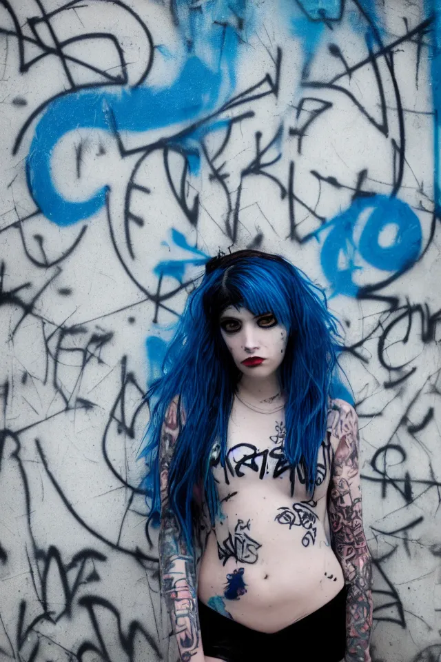 Image similar to a portrait of a grunge emo girl who has blue hair, a nose ring, black nails, fish net leggings, and is outside of a abandoned building with graffiti on it. Shallow depth of field. 4k hyperdetailed. Rendered with octane.