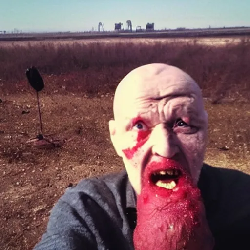 Image similar to last selfie of last alive funny scared ukrainian very damaged body to bones, bleeding crawling from nuclear explosion, big nuclear explosion at background, end of the life close