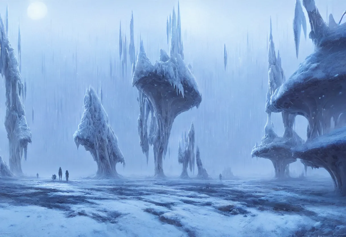 Image similar to ground level view, surface of frozen winter alien planet. morning fog, ultra high definition, ultra detailed, matte painting, by greg rutkowski and ross tran and wlop