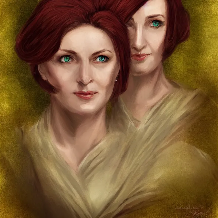 Prompt: head portrait, full faced, 40 years old women, dark red hair, green eyes, in beige historic clothing, high detail, digital art, medieval fantasy