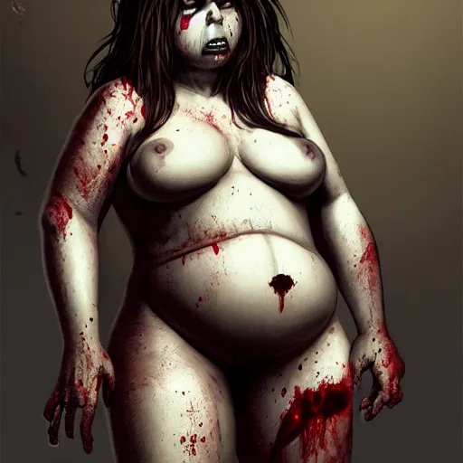 Image similar to angry extremely fat obese giant zombie female, full body portrait, with clothese, horror core, apocalyptic, feeling of grimdark, sharp focus, fiction, hyper detailed, digital art, trending in artstation, cinematic lighting, studio quality, smooth render, unreal engine 5 rendered, octane rendered, art style and nixeu and wlop and krenz cushart