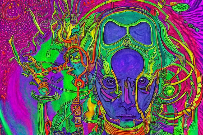 Prompt: high detailed painting of a psychedelic android in a mystic spiritual world, the war of spirits in the cosmos