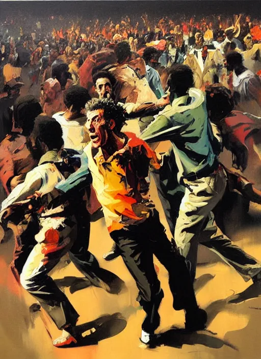 Image similar to kramer!! michael richards holding microphone in the middle of a horde of african americans, rioting, kramer torn apart painting by phil hale, 'action lines'!!!, graphic style, visible brushstrokes, motion blur, blurry