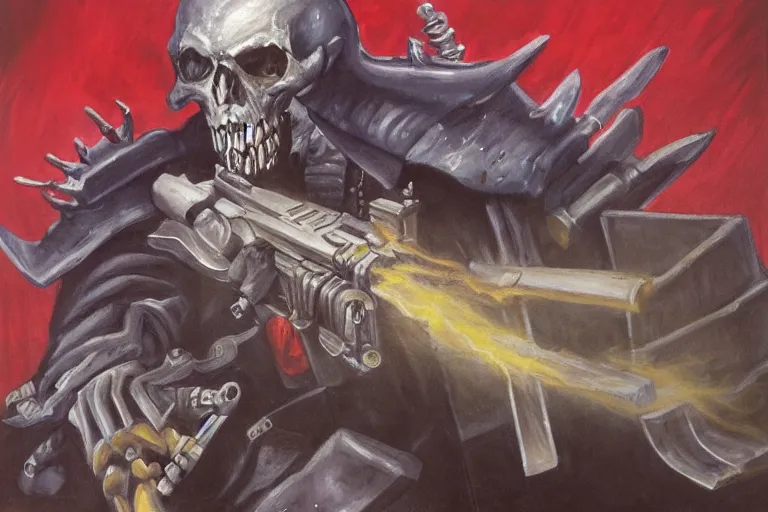 Image similar to painting of a gun wielding necromancer