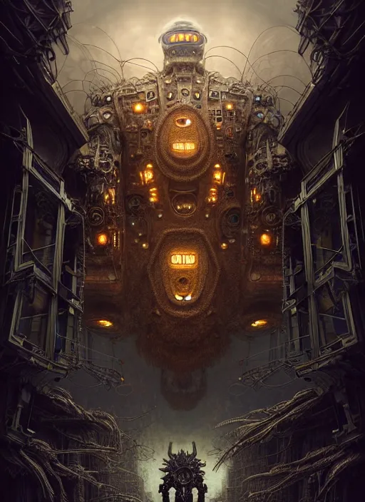 Image similar to A photorealistic 3d render of a robot monster cyborg made of circuits wide view shot by ellen jewett , tomasz alen kopera and Justin Gerard symmetrical features, ominous, magical realism, texture, intricate, ornate, royally decorated, android format, windows, many doors, roofs, complete house , whirling smoke, embers, red adornments, red torn fabric, radiant colors, fantasy, trending on artstation, volumetric lighting, micro details, 3d sculpture, ray tracing, 8k