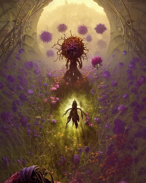 Image similar to the platonic ideal of flowers, rotting, insects and praying of cletus kasady carnage thanos davinci nazgul wild hunt chtulu mandelbulb ponyo botw bioshock, d & d, fantasy, ego death, decay, dmt, psilocybin, concept art by randy vargas and greg rutkowski and ruan jia and alphonse mucha