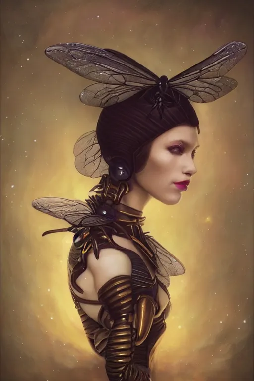 Image similar to portrait of an elegant alien bee woman queen, straight on portrait, by artgerm, tom bagshaw, gerald brom, vaporwave colors, lo - fi colors, vaporwave, lo - fi, moody vibe, goth vibe, full body,