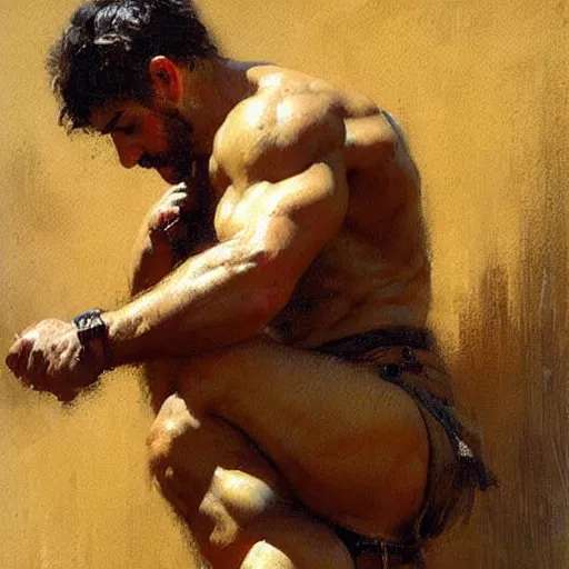 Image similar to Portrait of a greek soldier, muscular, thighs!!!!, painting by Gaston Bussiere, Craig Mullins