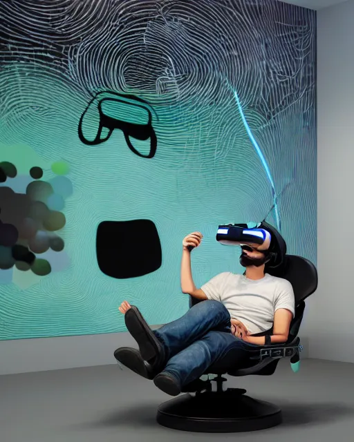 Image similar to a man reclines in a gaming computer chair weargin a vr headset and headphones holding a game controller, in a domestic interior filled with screens by james jean and luc tuymans and beeple and hernan bas and pat steir and hilma af klint, psychological, 3 d, dripping paint, high quality render, masterpiece